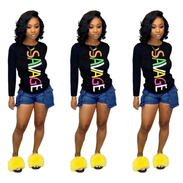 Letters Printing Bodycon Long Sleeves Women T-Shirt SDD9175