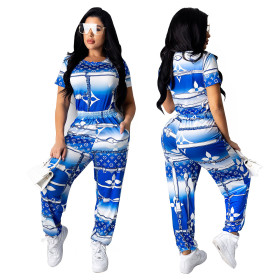 Casual Printed Round Neck Short Sleeves T-Shirt With Trousers Two Piece Set YFS8680