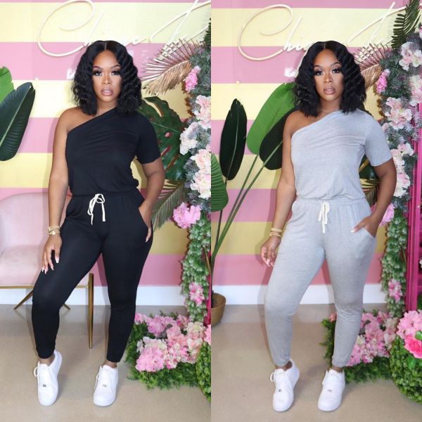 Casual Solid Color One Shoulder Short Sleves Jumpsuit MTY6365