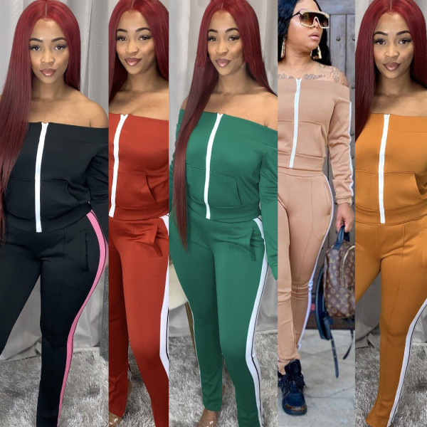 Solid color one-word neck webbing stitching trousers split leisure sports suit CM797