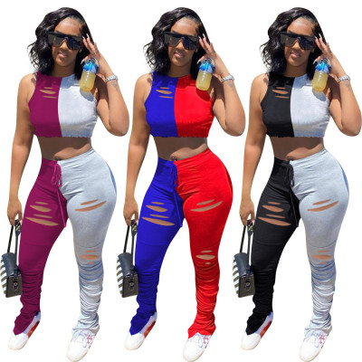 Fashion Stitching Hole Sleeveless Mini Top With Pleated Split Trousers Two Piece Set OEP6200