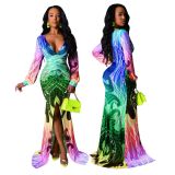 Hot Sexy Printing Colorful Split V Neck Floor Length Dress SMR9482