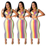 Colorful Sets Stripe Sleeveless Top Ankle Length Skirt SDD9134