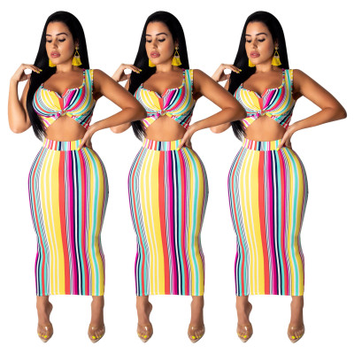 Colorful Sets Stripe Sleeveless Top Ankle Length Skirt SDD9134
