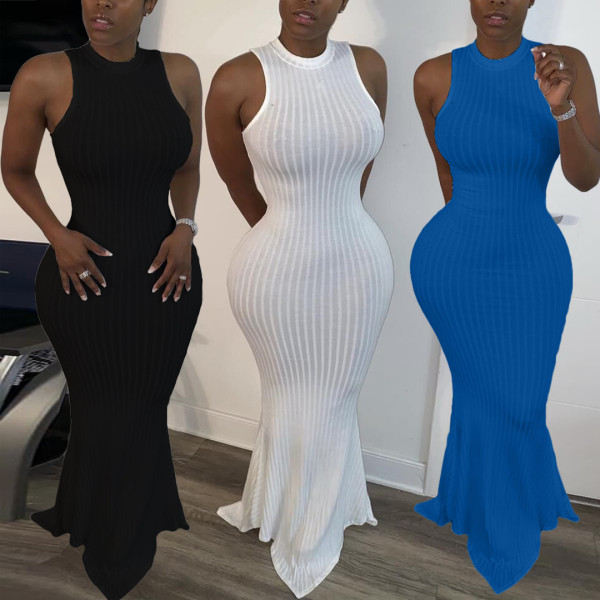 Hang strip solid color sleeveless round neck long skirt dress women BBN095