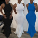 Hang strip solid color sleeveless round neck long skirt dress women BBN095