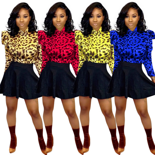 Leopard Print High Neck Blouse Black Mini Skirts Sets MTY6226