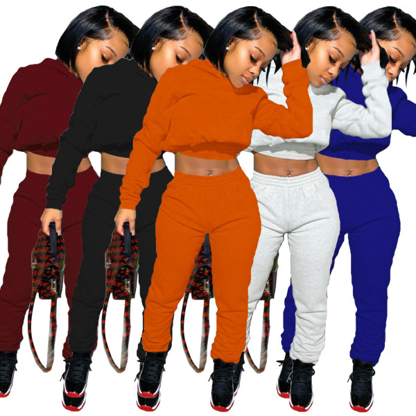 Fashion Solid Color Long Sleeves Hooded Mini Top With Strappy Trousers Two Piece Set SY8711