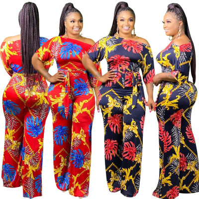 Half-sleeved sexy word-shoulder wide-leg printed jumpsuit SN3800