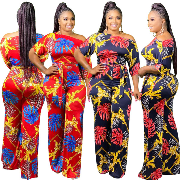 Half-sleeved sexy word-shoulder wide-leg printed jumpsuit SN3800