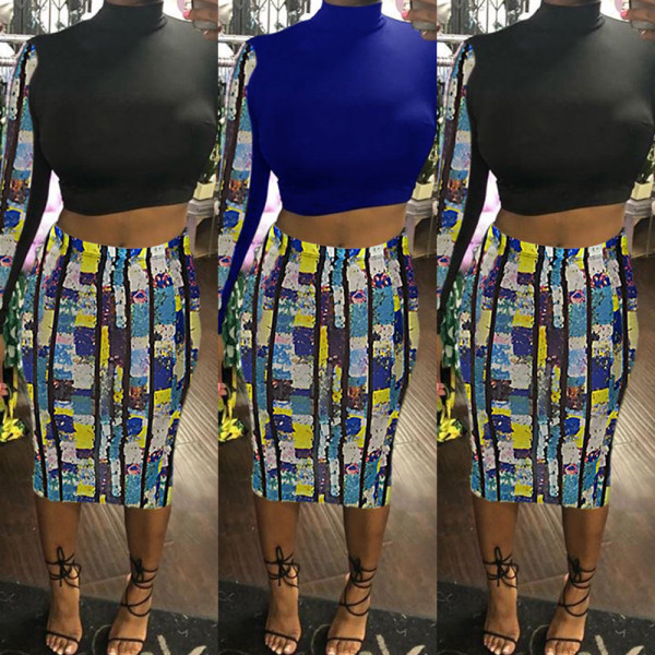 High Neck Tops+Print Midi Dress K8657