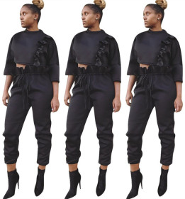 Ruffle New Sets 4/3 Sleeves Crop Top Black Women Pants H1225