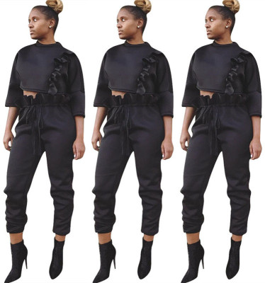 Ruffle New Sets 4/3 Sleeves Crop Top Black Women Pants H1225