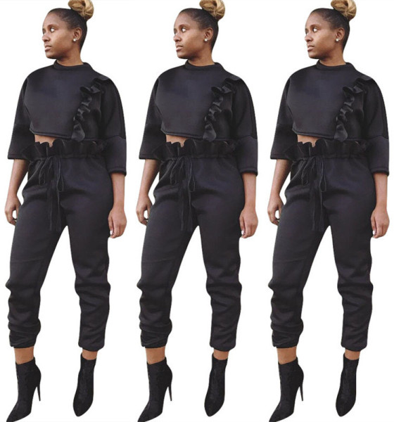 Ruffle New Sets 4/3 Sleeves Crop Top Black Women Pants H1225