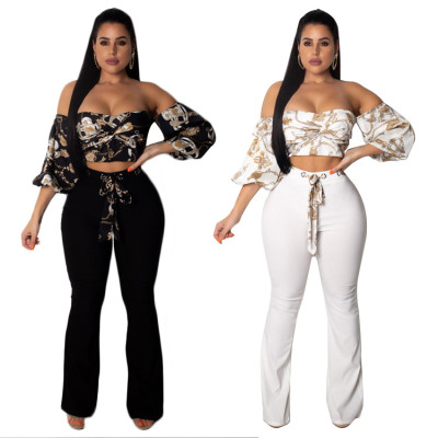 Fashion Lady Outfits Off Shoulder Top Wide Leg Pants MY9254