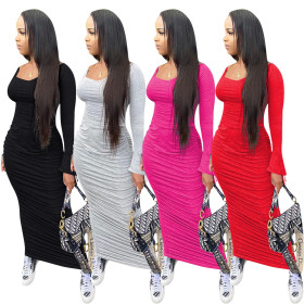 Sexy Off Shoulder Flared Long Sleeves Pleated Bodycon Long Dress Q686
