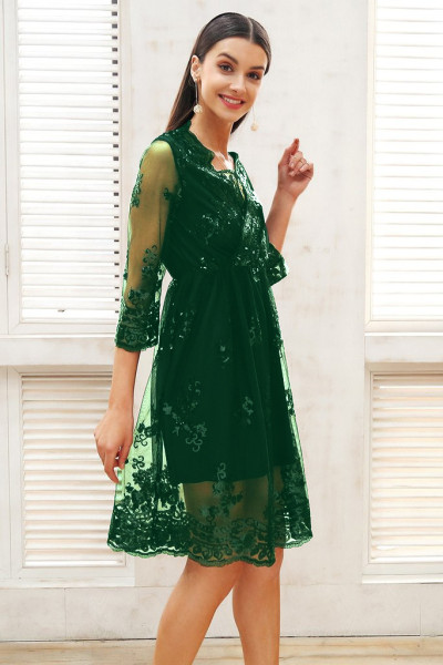 Women Elegant V Collar Elastic Waistband Lace Dress QZ3229