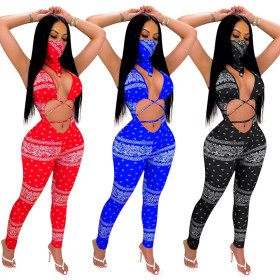 Sexy Pattern Printed Sleeveless Hollow Out Bodycon Jumpsuit H1391