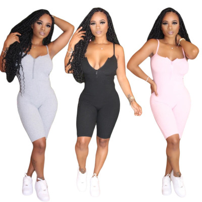 Sleeveless chest zip solid color jumpsuit TK6075
