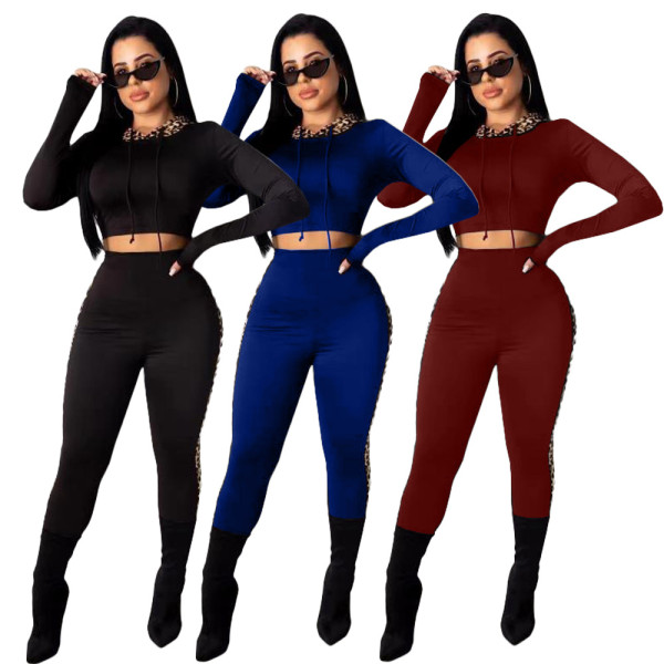 Leopard Printed Splicing Lady Tracksuit Hooded Crop Top Tight Pants YX9180