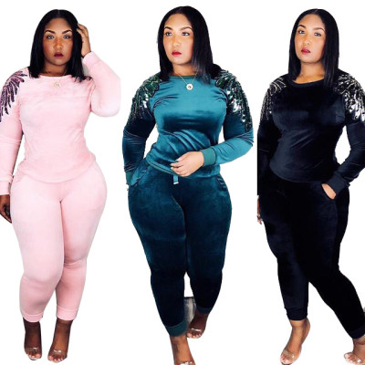 Solid Sequins Print Velvet Two Pieces Sets QZ3250