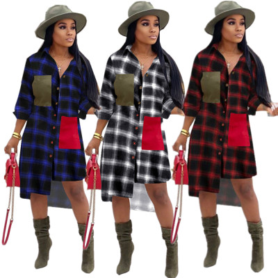 New Design Irregular Button Down Plaid Shirt Casual Dress OMM1099
