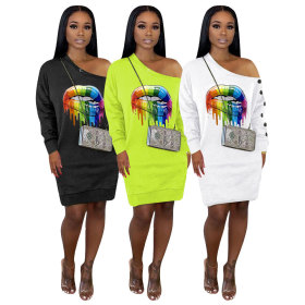 Leisure Oblique Shoulder T-Shirt Long Sleeves Dress MTY6252