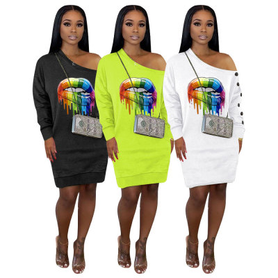 Leisure Oblique Shoulder T-Shirt Long Sleeves Dress MTY6252