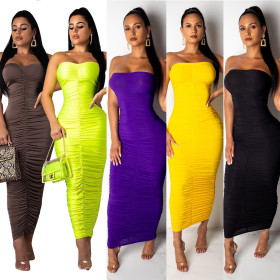 Latest Strapless Pure Color Pleated Ankle Length Dress CY1123