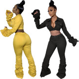 Yellow/Black Casual Pleated Outfits Crop Short Coat Tight Pants HM5267