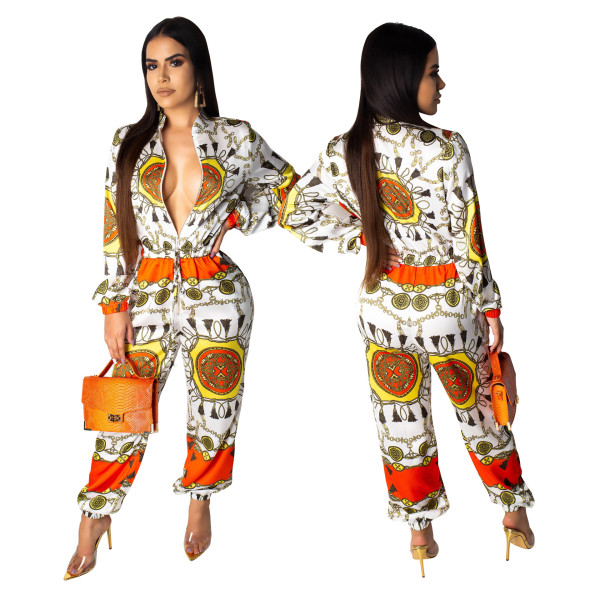 National Style Loose Printing Long Sleeves Lady Jumpsuit SMR9278