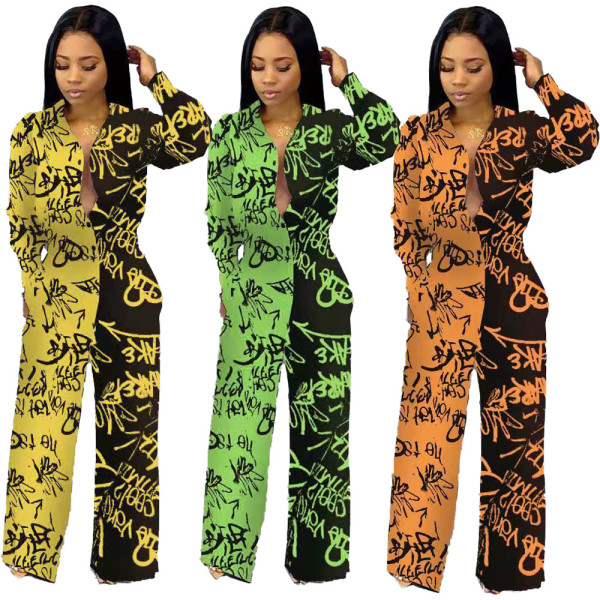 New Design Printing Cardigan High Waist Straight Jumpsuit MN8069
