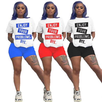 Casual Letters Printed Short Sleves And Shorts Two Pieces Sets MN8209