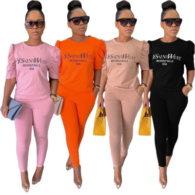 Fashion Letter Printed Round Neck Pleated Short Sleeves Trousers Two Pieces Sets ALS197