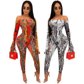 New Arrival Snake Print Flat Shoulder Casual Tight Jumpsuit SMR9495
