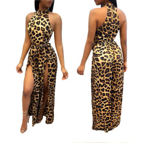 Wholesale Fashion Leopard Print Sleeveless High Split Jumpsuit MY9259