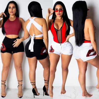 Sequin Patchwork Slim White/Black Jean Shorts ALS111