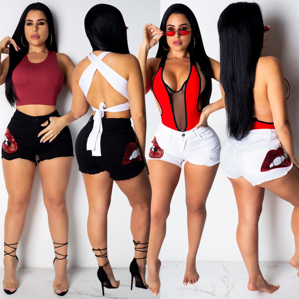Sequin Patchwork Slim White/Black Jean Shorts ALS111