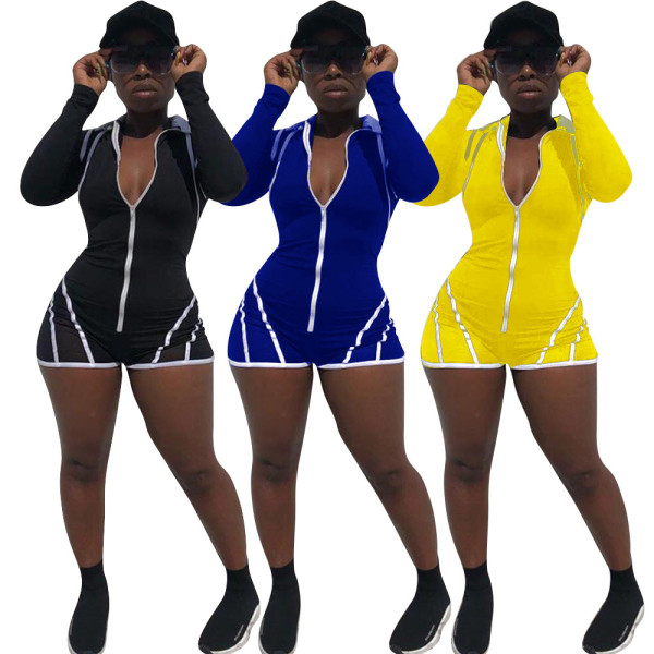 Sport Bodycon Zipper Stripe Patchwork Short Jumpsuit LM025