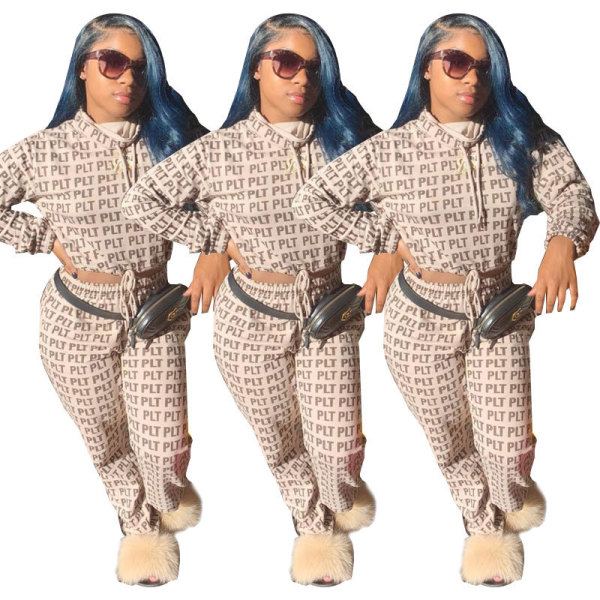 Women Letters Print Suits High Neck Hoodie Straight Trousers YX9066