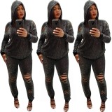 Hollow Out Shiny Outfits Hooded T-Shirt Skinny Leggings E8205