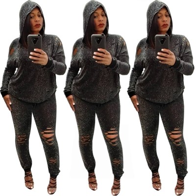 Hollow Out Shiny Outfits Hooded T-Shirt Skinny Leggings E8205