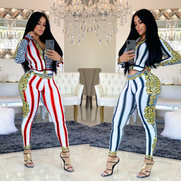 Personality Stripe Patchwork Printed Women Sport Outfits HHM6182