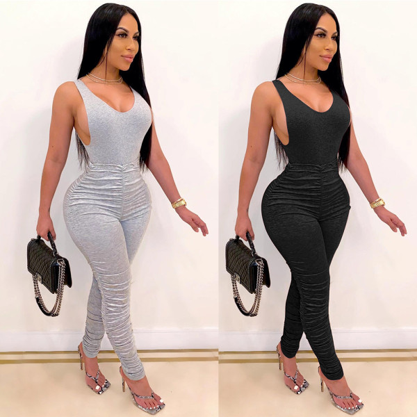 Sexy Solid Color Backless V-Neck Sleeveless Pleated Jumpsuit K2001