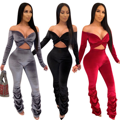 Velvet Slim Off Shoulder Sexy Plain Color Pleated Jumpsuit W8251
