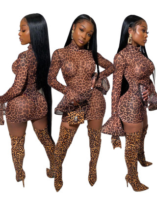 Leopard Print Mesh Sexy Flare Sleeve Dress LY5809