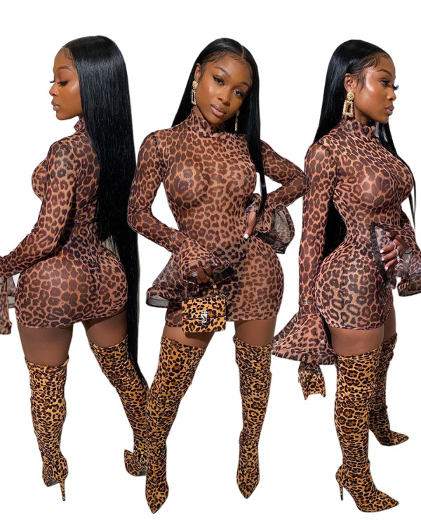 Leopard Print Mesh Sexy Flare Sleeve Dress LY5809