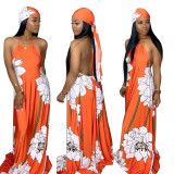 Floral Print Backless Halter Neck Maxi Dress With Belt SY8322