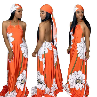 Floral Print Backless Halter Neck Maxi Dress With Belt SY8322