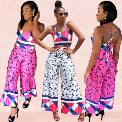 Stylish Printing Ladies Sets Bandage Tank Top Wide Leg Pants XZ3284